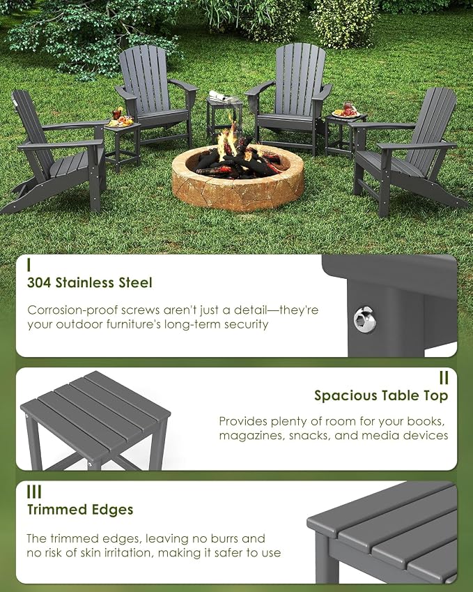 GREENVINES Adirondack-Outdoor-Side-Table | HDPE Plastic | Single-Tier | 14 x 13 in | Weatherproof | Gray | End Tables | for Patio Porch Backyard Indoor