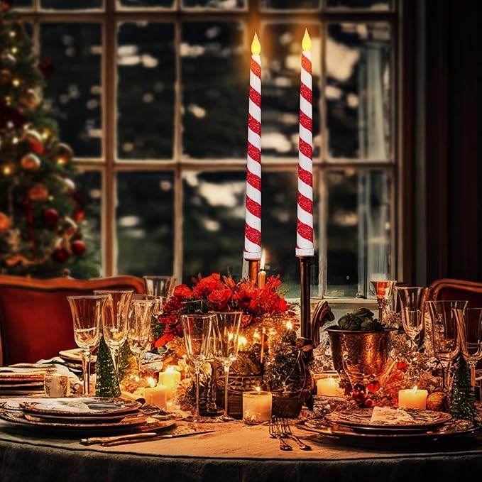 6PCS Christmas Flameless Taper Candles - Candy Cane Red and White Stripes Flickering Battery Operated LED Candles for Xmas Centerpiece Holiday Party, Wedding, Winter Home Decoration