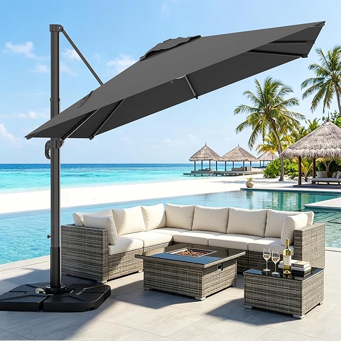 AreShark 8 × 8FT Square Cantilever Patio Umbrella with Base Included, 360° Rotation Offset Outdoor Umbrella, 5 Tilt Settings Heavy Duty Hanging Parasol for Deck Garden Pool, Grey