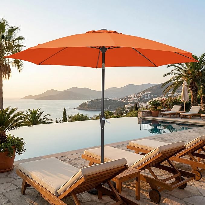 JEAREY 9FT Outdoor Patio Umbrella,Market Table Umbrella with 8 Fiberglass Ribs, Pool Umbrella with Tilt and Crank, UV Protection Lightweight & Wind-Resistant for Lawn, Garden, Deck and Backyard, Orange