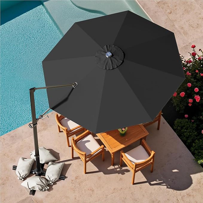 Devoko 10ft Solar LED Patio Umbrella, Round Cantilever Outdoor Umbrella with Solar Lights and 360-Degree Rotation, Large Hanging Offset Market Umbrella with Easy Tilt for Patio Deck Garden,Black
