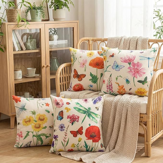 tiggell Outdoor Pillow Covers Waterproof 18x18 Set of 4, Spring Summer Decorative Throw Pillow Covers for Home Garden Patio Couch Swing Sofa Decor
