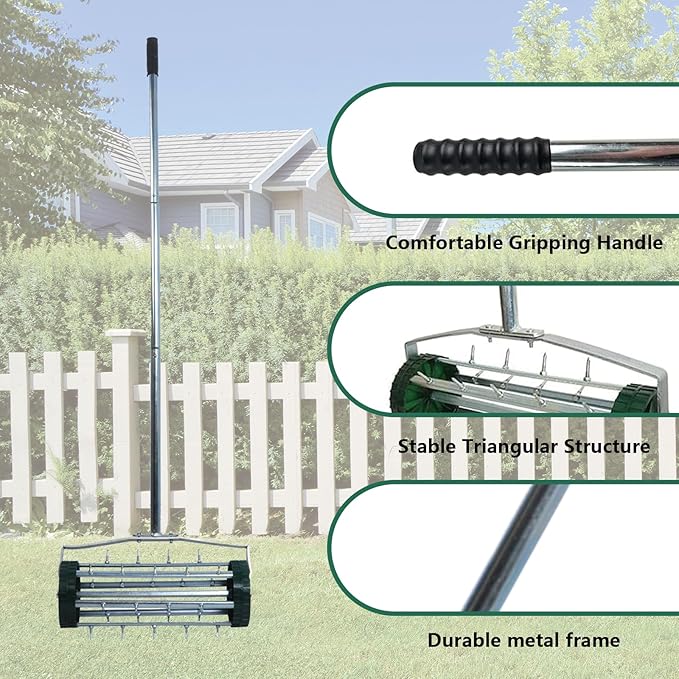 Heavy Duty Rolling Lawn Aerator,Rolling Lawn Aerator, Rotary Push Tine Spike Soil Lawn Aerator Gardening Tool with 3-Piece Long Steel Handle for Garden Yard Grass Maintenance,Garden Yard Rotary Push