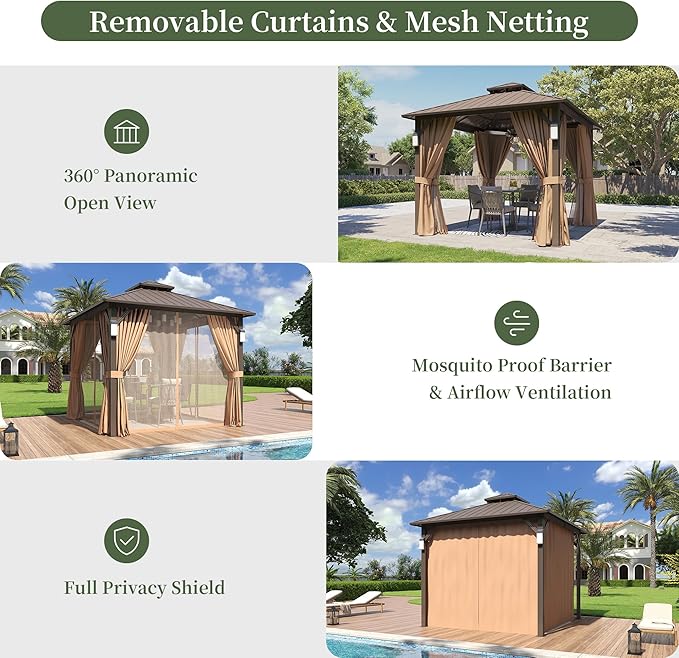 Aoxun 10'x10' Hardtop Gazebo with 4 LED Lights, Outdoor Gazebo with Galvanized Steel Double Roof, Patio Gazebo with Breathable Netting & Privacy Curtain, Decor Hooks for Backyard, Brown
