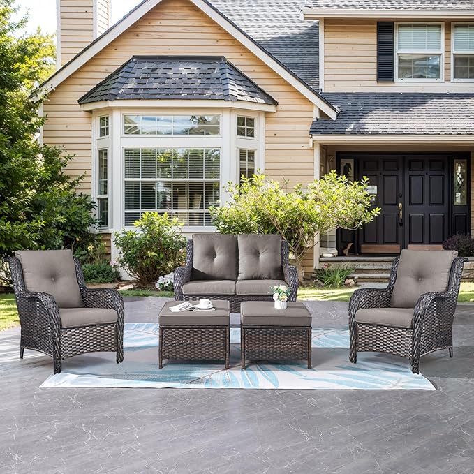 Belord Outdoor Wicker Furniture 5 Pieces Patio Furniture Set Patio Wicker Chairs with Ottomans Conversation Set for Porch Garden Deck Balcony Poolside