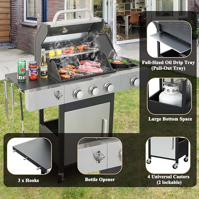 3-Burner Propane Gas BBQ Grill with Side Burner & Porcelain-Enameled Cast Iron Grates, 37230 BTU Output Stainless Steel Grill for Cooking Kitchen Patio Backyard Barbecue