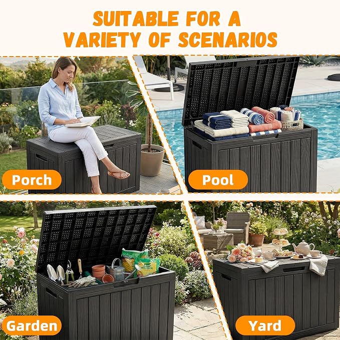 ROJIK Outdoor Storage Box, 55 Gallon Waterproof Deck Box, Weatherproof Resin Outside Storage Bin for Patio Furniture, Garden Tools, Pool Accessories, Cushion, Black