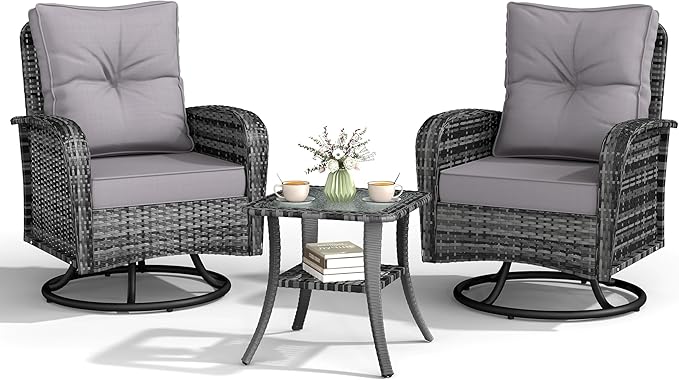 Kromax Outdoor Patio Furniture Set, All-Weather Wicker Swivel Glider Chairs Set of 2 with Coffee Table Table & Thick Machine Washable Cushions for Backyard, Garden, Porch, Grey/Grey