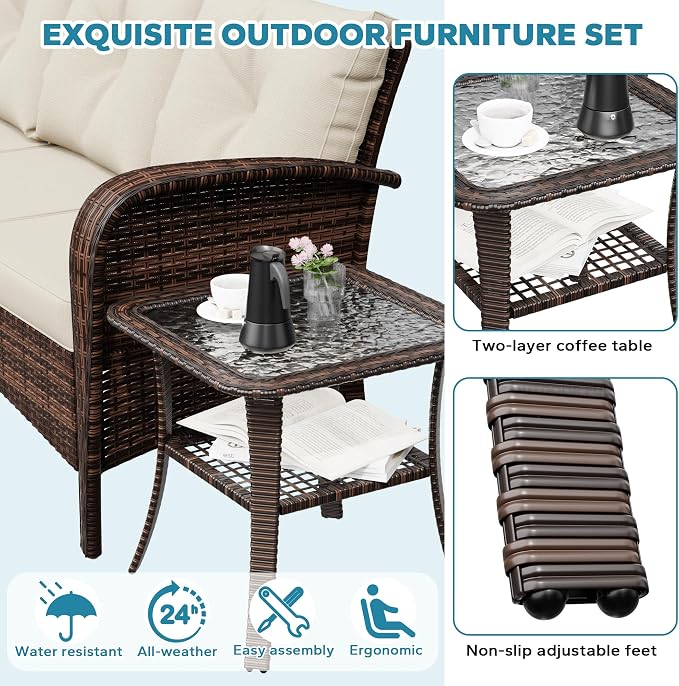 4 Pieces Patio Set, 73" Rattan Loveseat Sofa, Coffee Table, Wicker Swivel Glider Chairs, Cushion with Water Resistant Cover, Outdoor Conversation Furniture, Couch for Yard, Lawn (Beige)