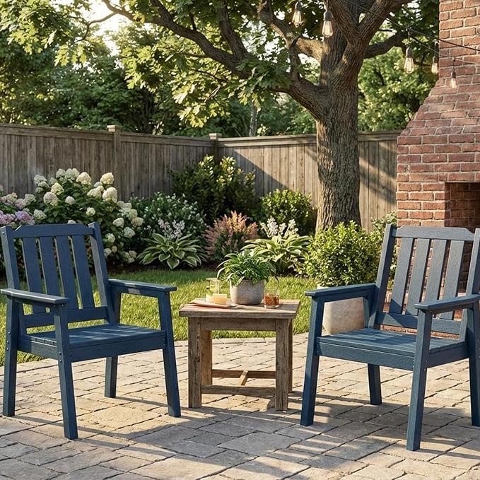 GAOMON Outdoor Patio Dining Chairs Set of 2, All-Weather HDPE Garden Dining Chairs with Armrests, Wide Seat and Sturdy Frame,Waterproof Design, for Garden, Backyard, Deck, Navy Blue