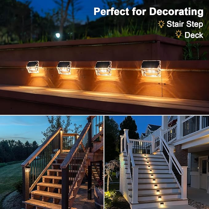 Qualdout Solar Outdoor Lights, 12 Pack Solar Fence Lights, Deck Lights Waterproof Solar Powered Outside Lighting for Step Railing Wall Pool Stair Yard Garden Patio Pool Decorations (Warm White)