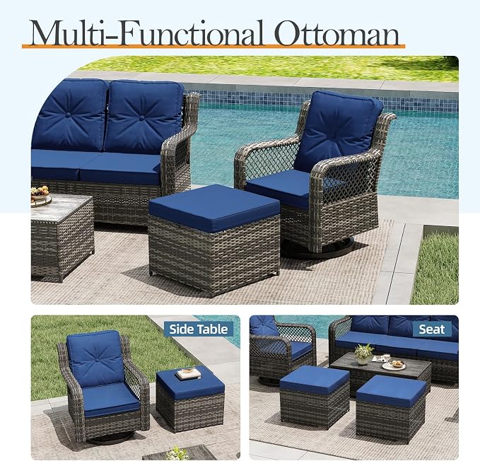 Outdoor Patio Furniture Set with Swivel Chairs and Ottoman, 6 Pieces All-Weather Wicker Patio Conversation Sets with Sofa and Coffee Table for Backyard, Porch, Balcony, Blue
