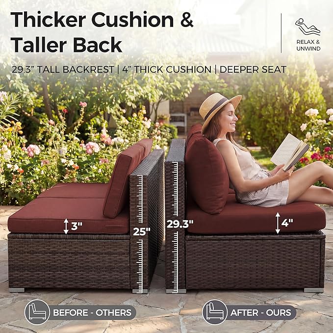 NICESOUL Modern 9 Pcs Patio Sectional Sofa Set with Fire Pit Natural Gas/Propane, Extra Large Outdoor Furniture Sets, 29.3'' High Back Deep Seats Conversations 8 Seater, Brown Rattan and Red Cushion
