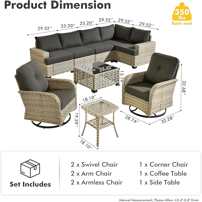9 Piece Patio Furniture All Weather 7-Seater Outdoor Sectional Sofa with Patio Swivel Chairs and Solar Powered Coffee Table for Porch,Garden,Backyard,Deck(Black)