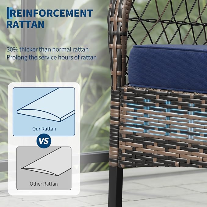 GarveeLife 3 Piece Outdoor Wicker Rocking Chair Set, Hollow Rattan Rocker Chairs with Side Table, Brown Gradient Wicker with Blue Cushions for Balcony, Patio, Garden