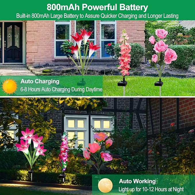 MRHEPHAESTUS Solar Garden Lights, 6 Pack Solar Flowers Lights with Lily Rose Delphinium, Waterproof Gardening Gifts for Mom Grandma Women,Multi-Color Changing Outdoor Light for Garden Yard Patio Lawn