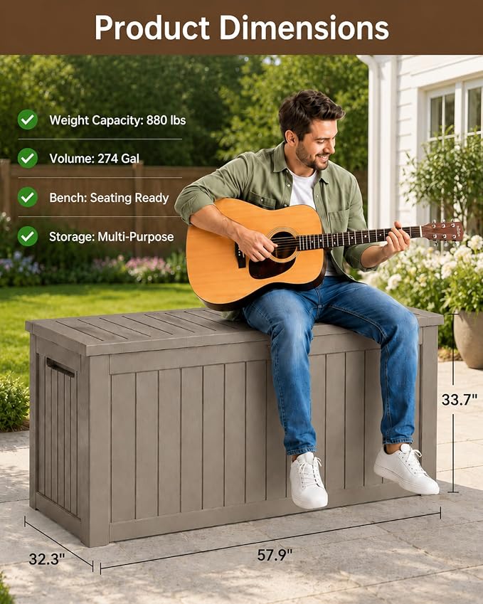 MAKINO 274 Gallon Large Waterproof Deck Box, Heavy Duty Resin Outdoor Storage Box, Outside Storage Bench with Hydraulic Rod for Patio/Cushions/Garden Tools/Backyard/Pool Accessories, Grey Brown