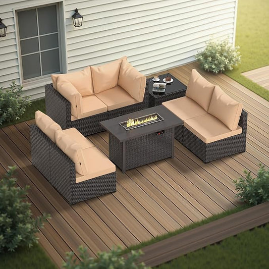 Patio Furniture Set with Fire Pit Table, 8PCS Outdoor Conversation Sets Waterproof Rattan Sectional Sofa with 4” Thickened Cushion Modular Wicker Patio Furniture Set with Glass Top Table (Coffee)