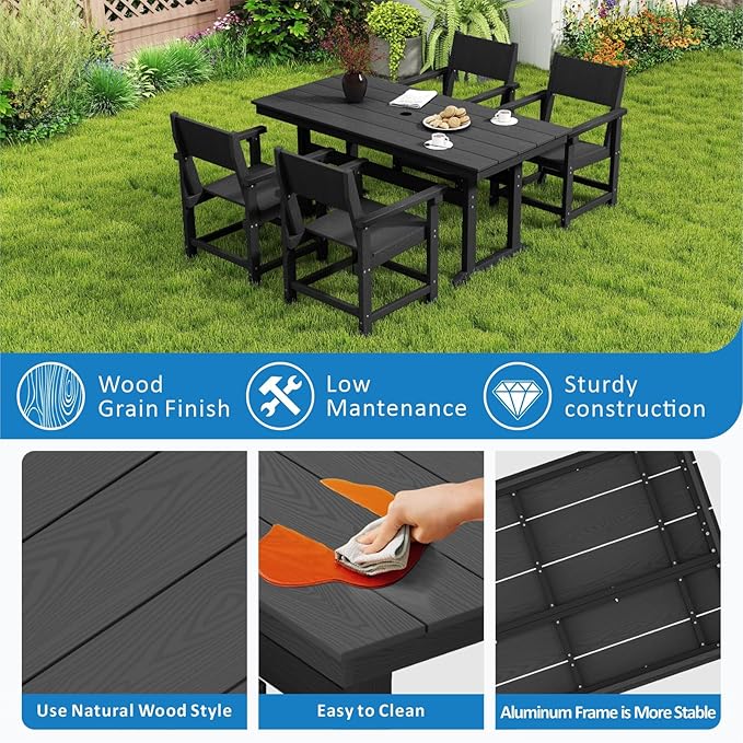 5-Piece HDPE Outdoor Patio Dining Set,Outdoor Table and Chairs,Modern Plastic Dining Sets with Umbrella Hole Cut-Out Table and 4 Chairs Black