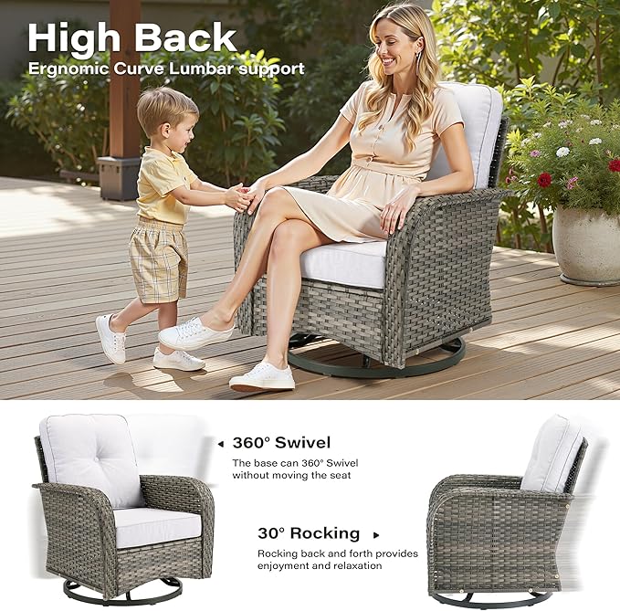 7 Pieces Patio Conversation Sets,Patio Furniture Set with Swivel Rocking Chairs,Coffee Table, Side Table, All Weather Rattan Wicker Outdoor Sectional Furniture Set for Porch Balcony Backyard Gray