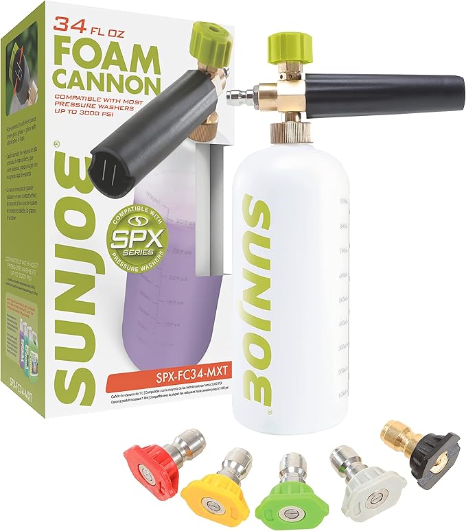 Sun Joe SPX-FC34-MXT Foam Cannon for SPX Series Electric Pressure Washers 34 Oz. | 1/4" Quick Connector | 5 Quick Connect Nozzle Tips