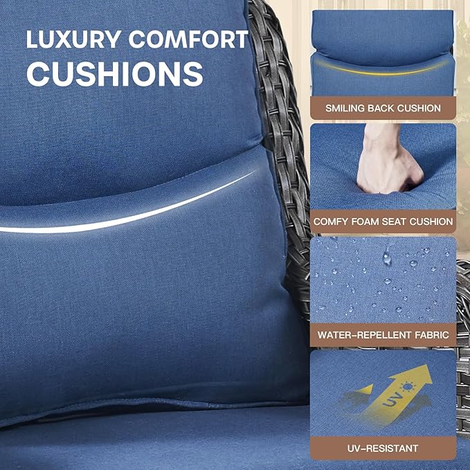 Patio Luxury Conversation Set of 4 Swivel Chairs with Side Table and 30in Square Wicker Firepit Table, Grey Wicker|Blue Cushions