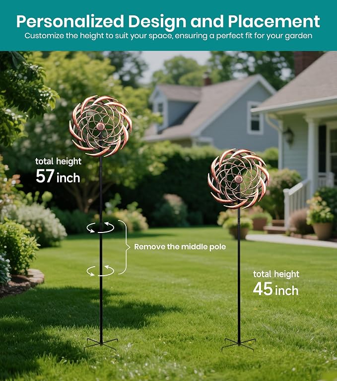 63" Copper Wind Spinner Metal Bronze Antique Clockwork Garden Yard | Antique Garden Art, Rustproof bronze sundial spinner, Whisper-quiet dual-bearing kinetic motion, Stable 5-prong stake