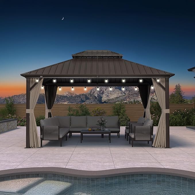 PURPLE LEAF 12’ X 14' Hardtop Gazebo Outdoor Metal Frame Galvanized Steel Double Roof with Curtains and Nettings for Patio Desk Backyard Bronze