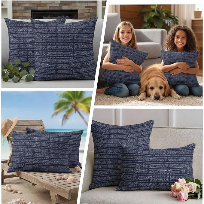 Outdoor Waterproof Throw Pillow Covers Set of 2 Navy Blue Stripes Grain Pillowcases 26x26 Inches Solid Color Decorative Pillows Cushion Case Patio Pillows for Couch Bed Chair Garden