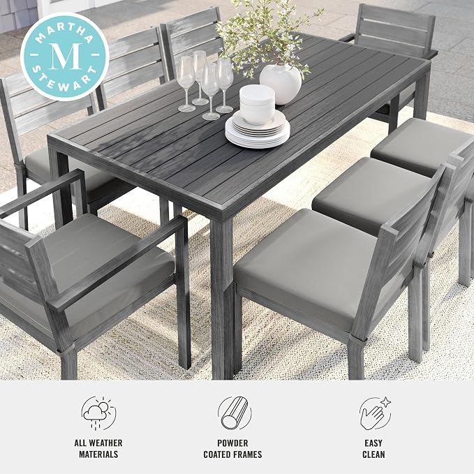 Martha Stewart Bedford 71" Indoor-Outdoor Aluminum Patio Table with Umbrella Hole and Brushed Woodgrain Finish in Brown