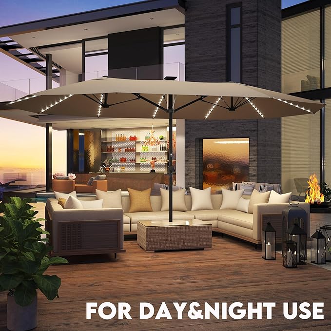 GDPFN 15ft Large Patio Umbrella with Solar Lights, Outdoor Double-Side Rectangular Umbrella, Backyard Pool Umbrella with LED Light for Deck, Outside, Market, Beige (Base Not Include)