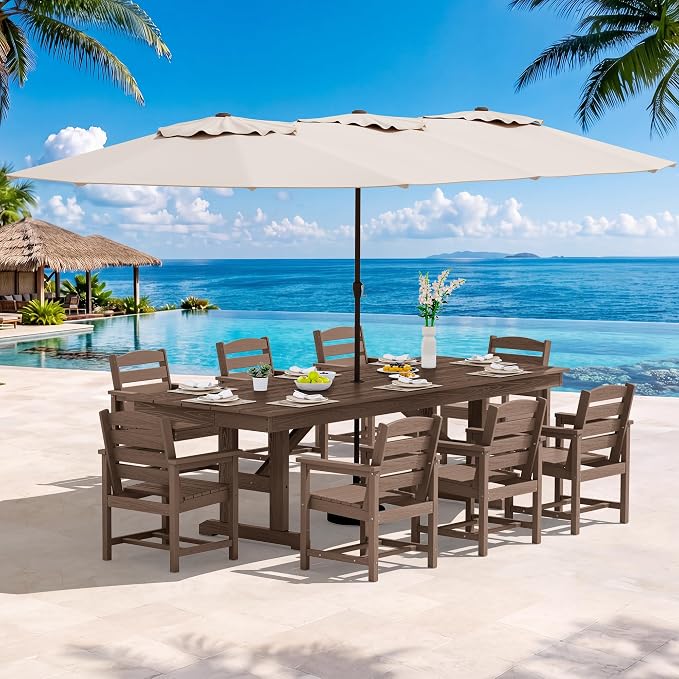 SERWALL 10 Piece Outdoor Dining Set with 15ft Triple-Head Foldable Umbrella(Based not Included), 84" HDPE Outdoor Table and Chairs for 8, Brown