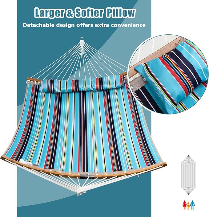 Giantex Hammock with Detachable Pillow Outdoor Hanging Chair, Patio Hammock w/Curved Bamboo Spreader Bar, Steel Chain, Hammocks Swing for Backyard, Beach, Garden (Blue)