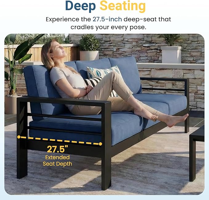 Wisteria Lane 5 Pieces Aluminum Patio Furniture Set with Umbrella, All Weather Oversized Outdoor Furniture Set with Deep Seat and Back Cushion, Patio Conversation Sets with Wide armrest, Blue & Navy