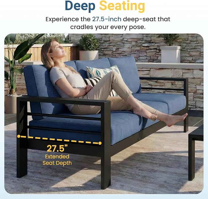 Wisteria Lane 6 Pieces Aluminum Patio Furniture Set with Umbrella, All Weather Oversized Outdoor Furniture Set with Deep Seat and Back Cushion, Patio Conversation Sets with Wide armrest, Blue & Kahki