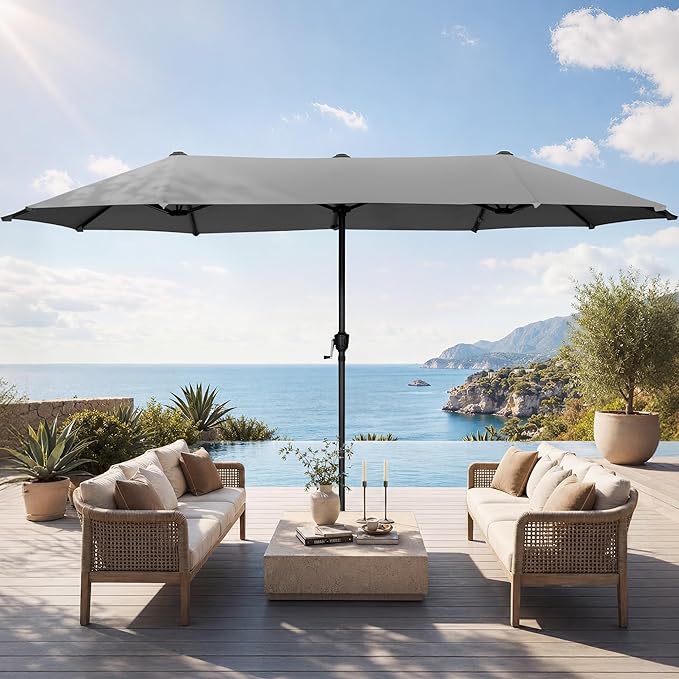 HERA'S PALACE 13 ft Large Double-Sided Twin Patio Umbrella, Outdoor Market Umbrella with Crank Handle, Powerful UV Protective, Smoky Gray
