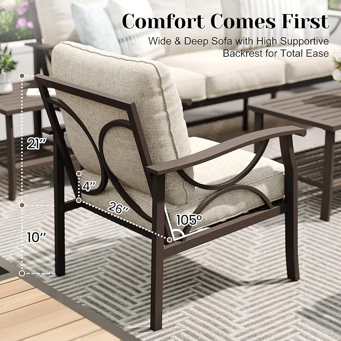FansaFurn 6-Pieces Outdoor Patio Furniture Set, Outdoor Metal Sectional Furniture with Cushions, Outdoor Conversation Seating Set with Coffee Table for Garden, Balcony, Deck, Backyard, Khaki