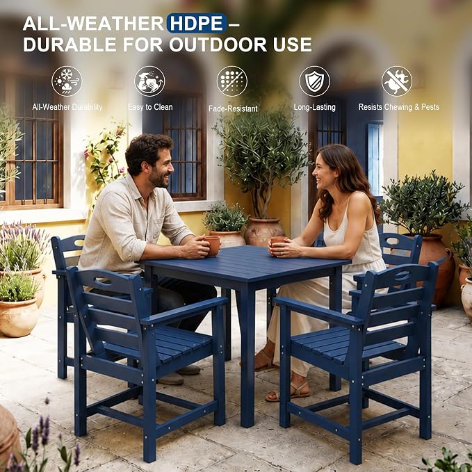 Domi HDPE Outdoor Dining Set, All-Weather Outdoor Dining Table Set of 3 with 2" Umbrella Hole, Outdoor Patio Dining Set for Garden, Poolside, Backyard, Deck, Blue