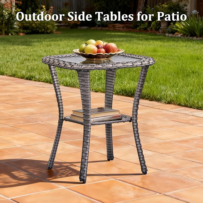 Luxury Outdoor Swivel Rocker Patio Chairs Set of 3, High Back Swivel Patio Chairs with Side Table & 6-Inch Thick Cushions, Wicker Outdoor Bistro Set for Porch, Yard, Deck, Poolside, Grey/Beige