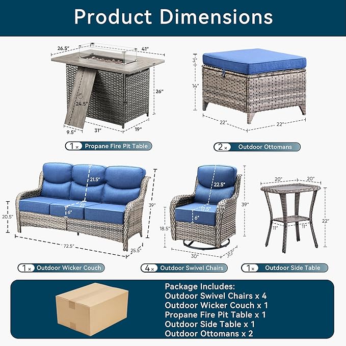 Luxury Patio Furniture Set with Fire Pit Table-10 Pieces All Weather Outdoor Swivel Rocker Chairs with Sofa and Ottomans. Outdoors Patio Conversation Sets for Porch Deck Garden Backyard(Grey/Blue)