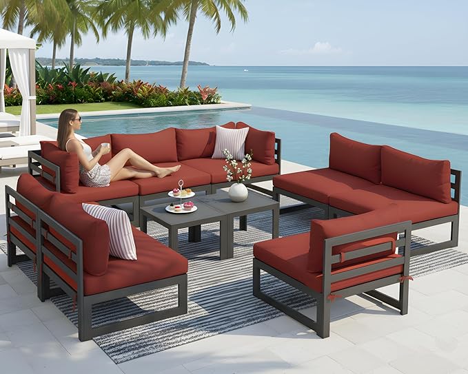 NICESOUL 8 Person Modern Aluminum Patio Furniture Set, 500 lbs Heavy Duty Sturdy Outdoor Sectional Sofa, 29" Deep Wide Large Seating, L Shaped Modular Conversation Couch for Garden Backyard, Burgundy