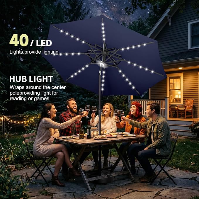 9ft Solar Umbrella Outdoor - 2 Tiers Lighted Solar Patio Umbrella with 40 LED Lights Waterproof UV Protection, Table Umbrella with Tilt for Pool, Porch, Garden, Backyard (Navy Blue)
