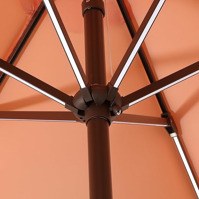 JONATHAN Y Spencer 9 ft. Solar Powered LED Patio Umbrella with Crank and Tilt, Hexagon Outdoor Market Sunshade for Garden, Deck and Pool, Coral Pink/White, Dark Brown Pole UMB1100D