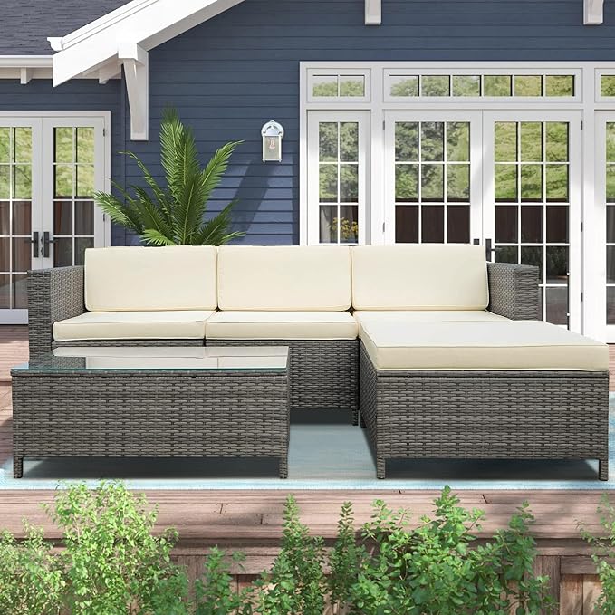 RoyalCraft 5 Pieces Patio Furniture Sets, All Weather Outdoor Sectional Sofa Manual Weaving Wicker Rattan Outdoor Conversation Set with with Cushion and Glass Table, Cream