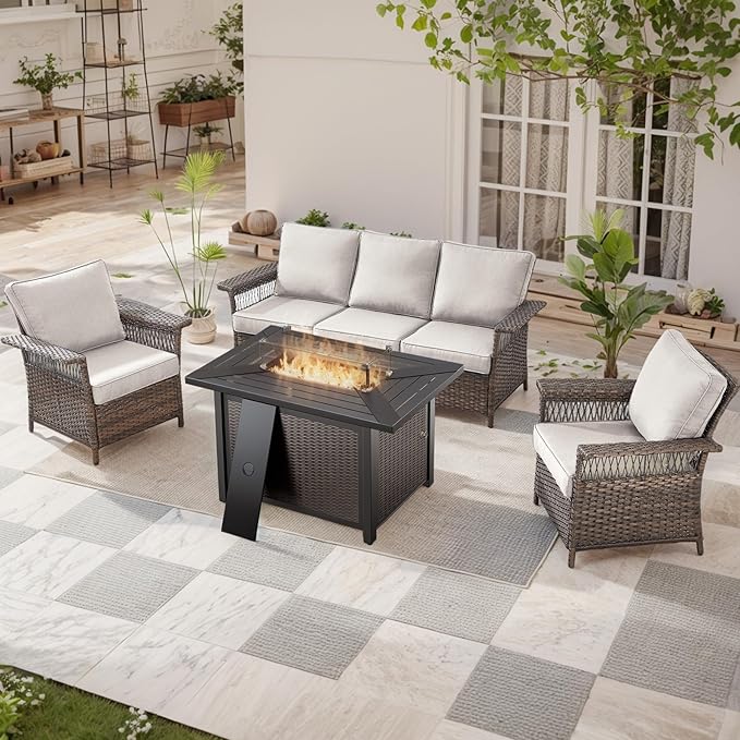 Patio Furniture Set with Fire Pit Table, 4PCS Patio Conversation Set Brown Resin Wicker Patio Chair and Sofa with 43in Rectangular Iron Firepit Table PE Rattan Patio Furniture Set