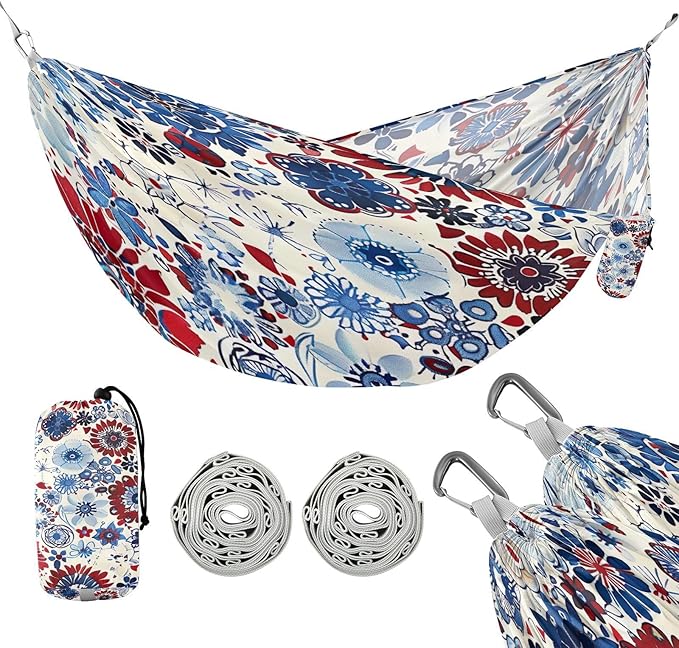 Qilmy Vintage Flower Camping Hammock Single – 330 lbs Capacity, Lightweight with Tree Straps & Carabiners, Portable for Hiking, Travel, Backpacking