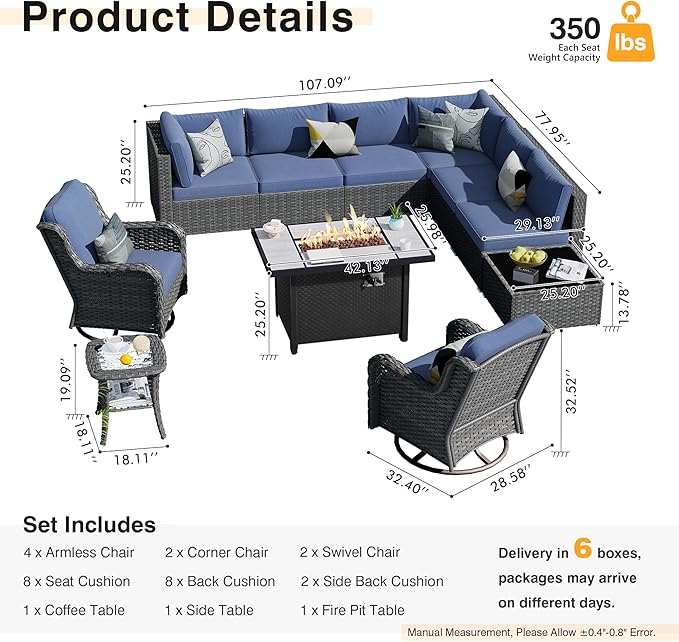 HOOOWOOO Outdoor Patio Furniture with Fire Pit Set 11 Pieces Patio Set with Fire Pit Wicker Outdoor Furniture with Fire Pit Table Set Patio Sectional Set with Swivel Chairs,Denim Blue