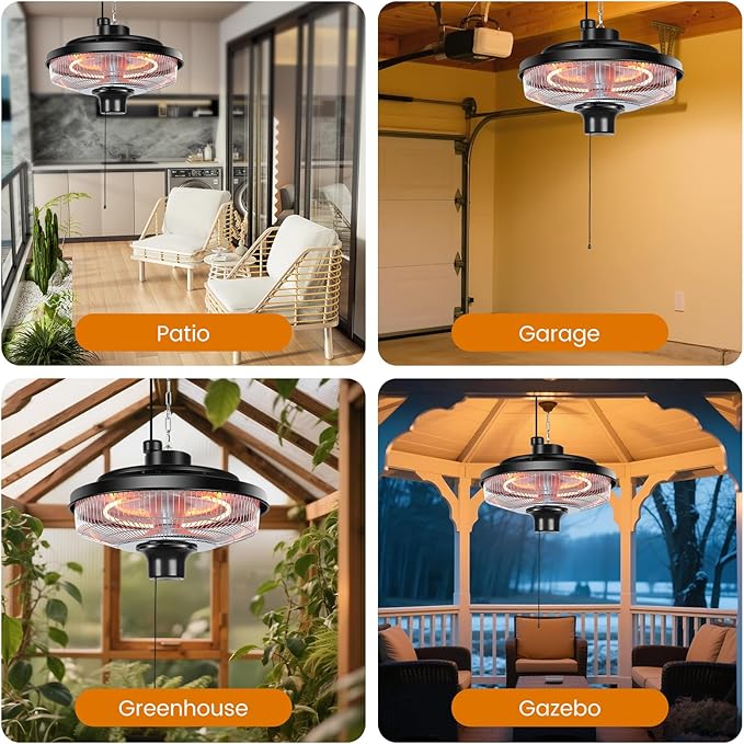 Fanspex Hanging Patio Heater, 1500W Electric Infrared Heaters for Home, Gazebo, Garage, Greenhouse, Ceiling Mount with Overheat Protection, IPX4 Water Resistance, Adjustable Height (Silver)