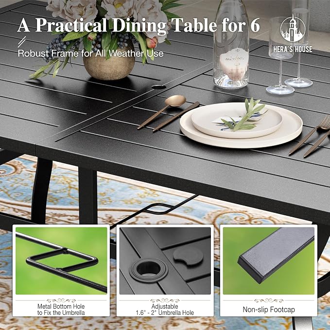HERA'S HOUSE 7pc Patio Dining Set, 60" Metal Table, Textilene Chairs | Rectangular table with umbrella hole+ 6 brown chairs. Waterproof, rust-resistant, all-weather for backyard, porch
