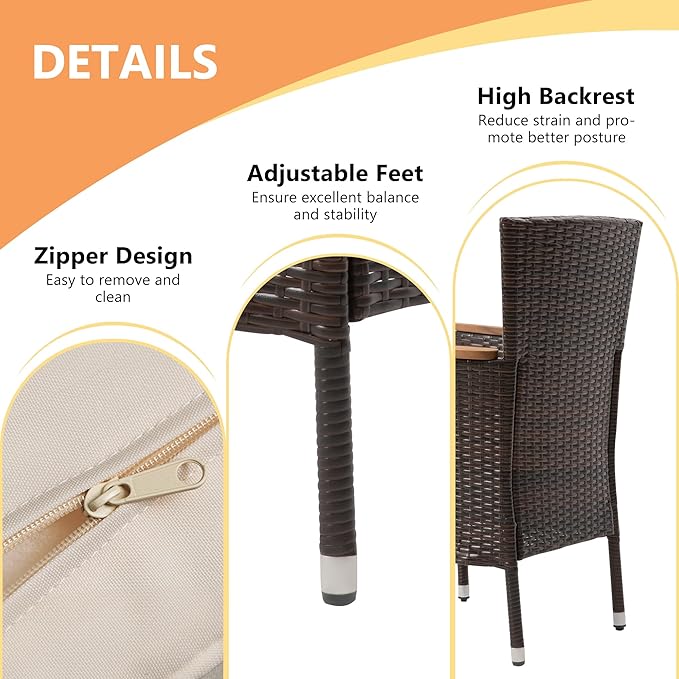 5 Piece Wicker Patio Dining Sets for 4, Rattan Outdoor Dining Table and Chairs with Wood Table Top, Water-Resistant Patio Conversation Set for Deck, Garden, Backyard, Removable Cushions, Brown